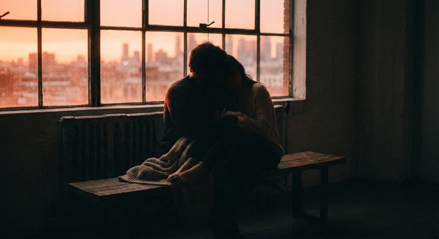 Two people sitting close at dusk